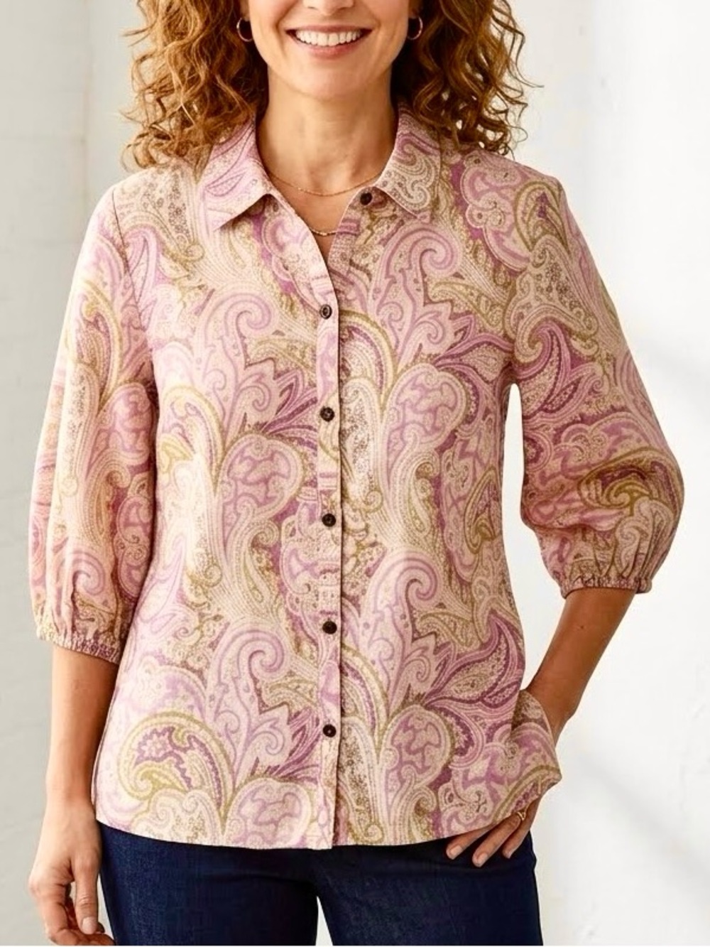 JH Collectables Button Up Shirt Pink Green Paisley Printed Cotton Blouse 1X